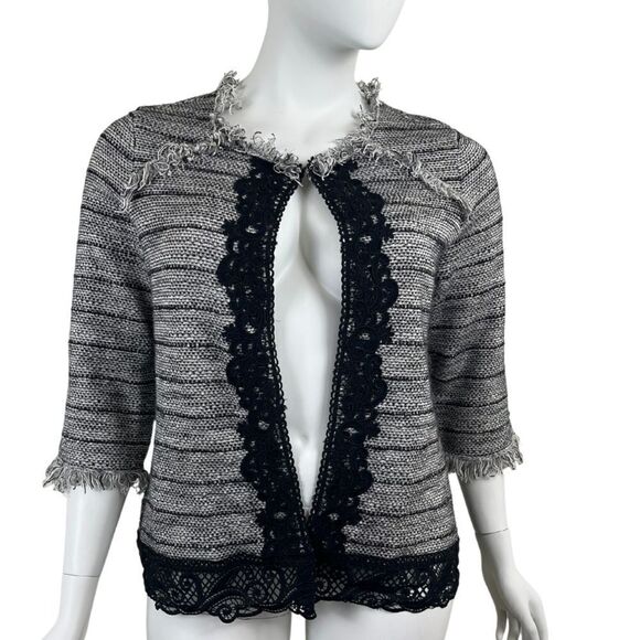 Chico's Sweaters - Chico's Womens Size 3 Black Gray Lace Tweed Fringe Cardigan Cotton Sweater